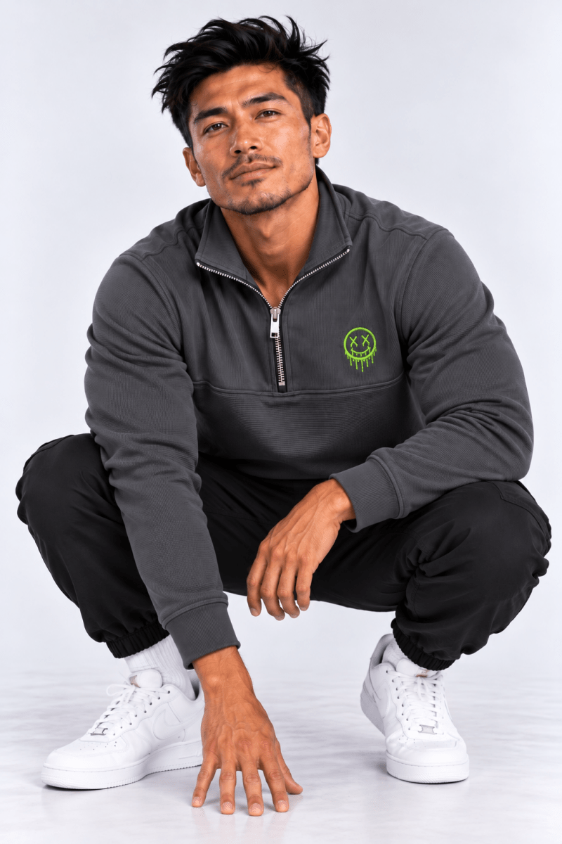 Lime Green Smiley 1/4 Zip graphic T-shirt – Festival clothing by Triptees