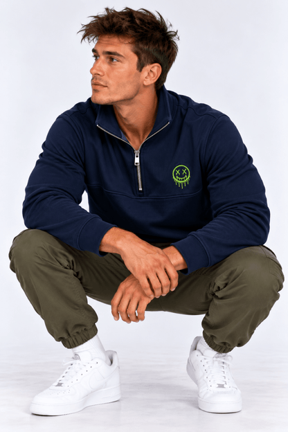 Lime Green Smiley 1/4 Zip graphic T-shirt – Festival clothing by Triptees
